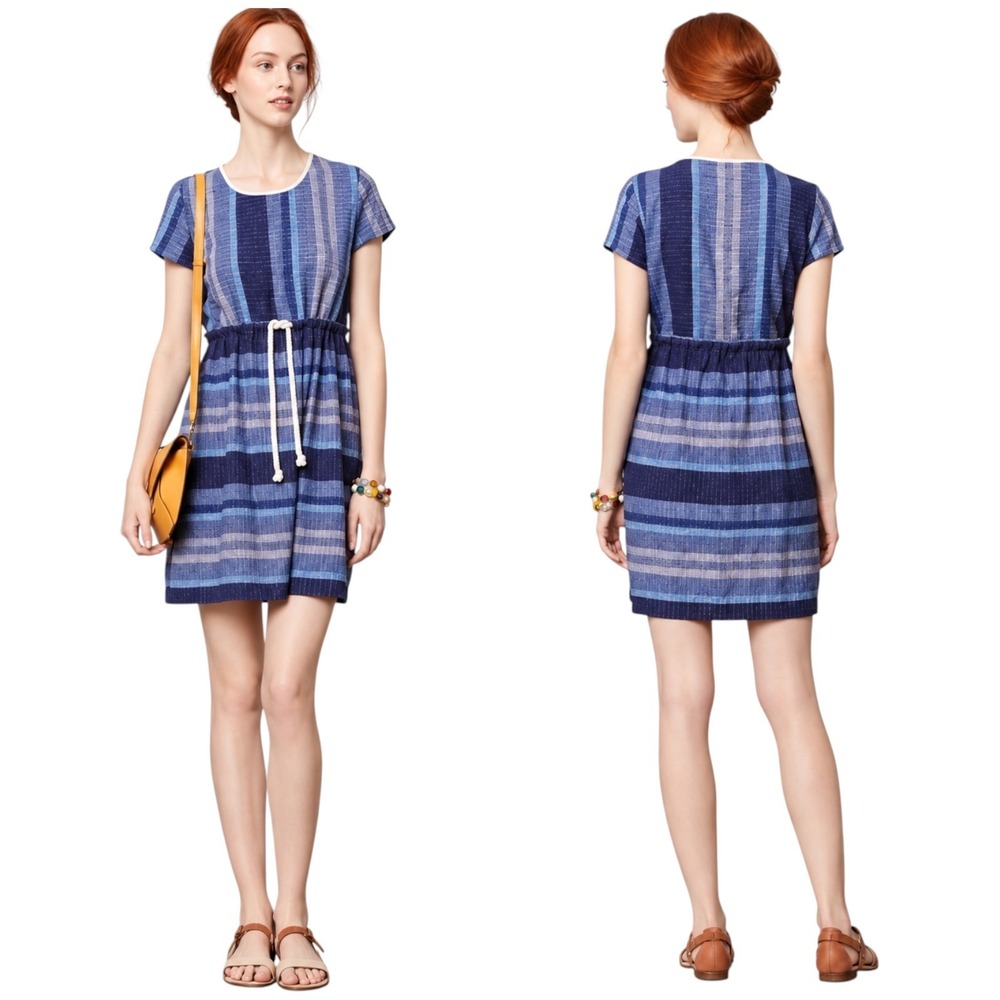 Ace & Jig Blue Striped Woven Cotton Short Sleeve Drawstring Dress Size Small